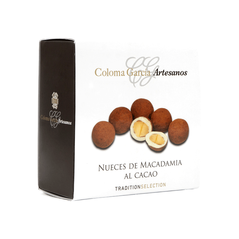 Estuche Bombón de nuez de Macadamia con cobertura chocolate blanco y cacao en polvo 100g