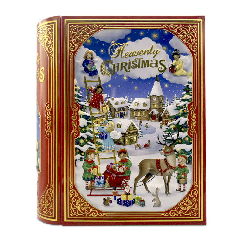 Lata bombones praliné leche 'Libro ángeles y gnomos rojo' 600g