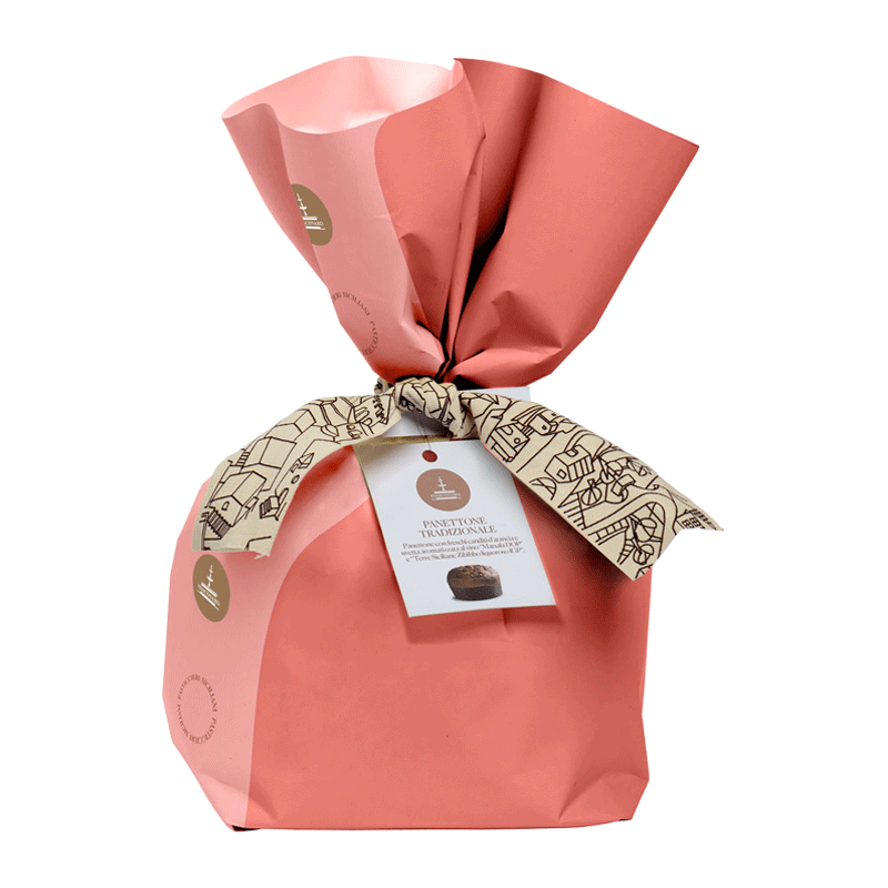 Panettone tradicional con naranja confitada y pasas con vino "Marsala DOP" y "Terre Siciliane Zibibbo Liquoroso IGP" 500g