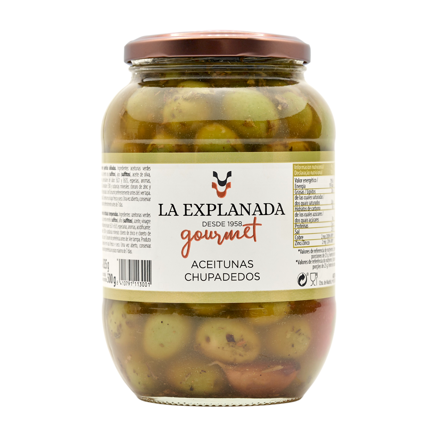 Aceitunas verdes partidas aliñadas 'Chupadedos' 500g