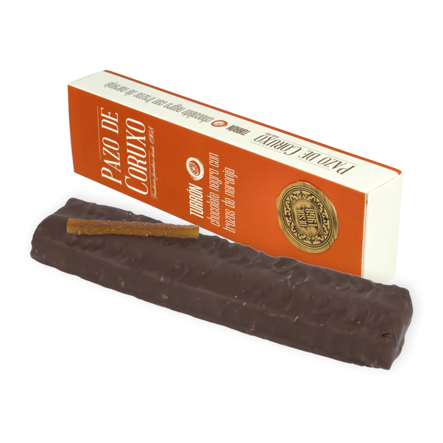 Estuche turrón ganache de chocolate negro con trozos de naranja 160g
