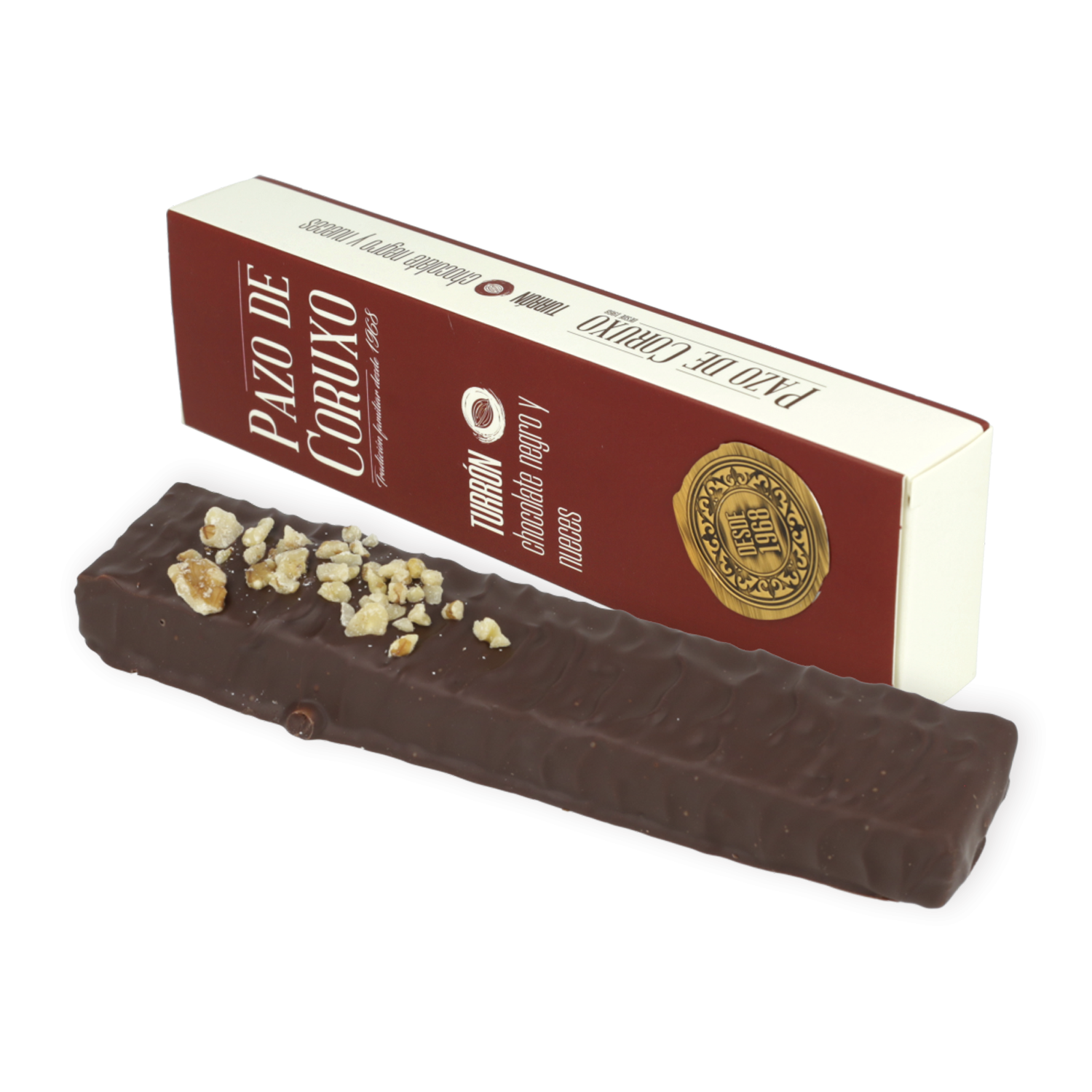 Estuche turrón chocolate negro praliné y nueces de California 160g