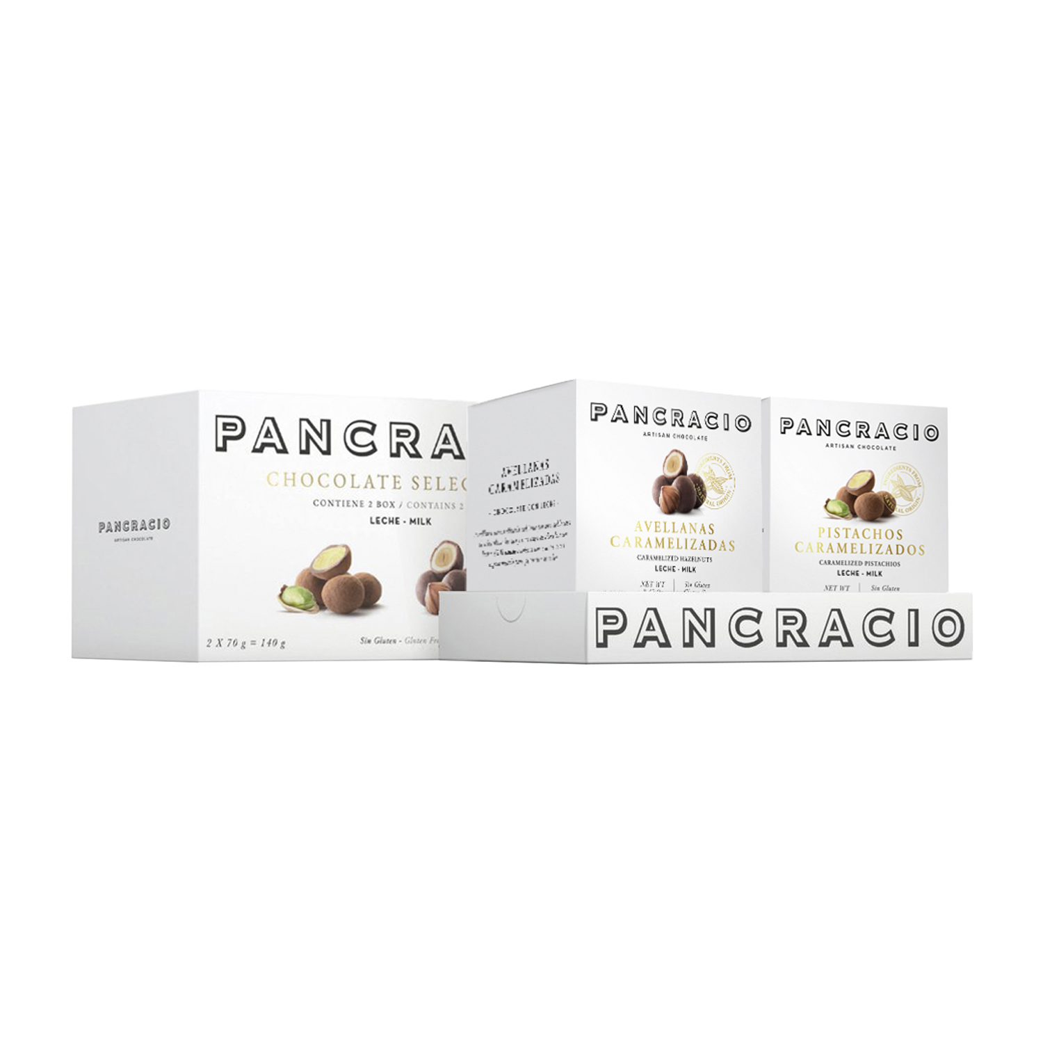 Estuche Selection Pancracio pistachos y avellanas caramelizadas chocolate con leche 140g