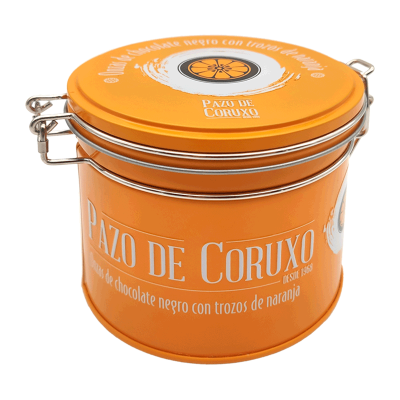 Lata onzas de chocolate negro y naranja 130g