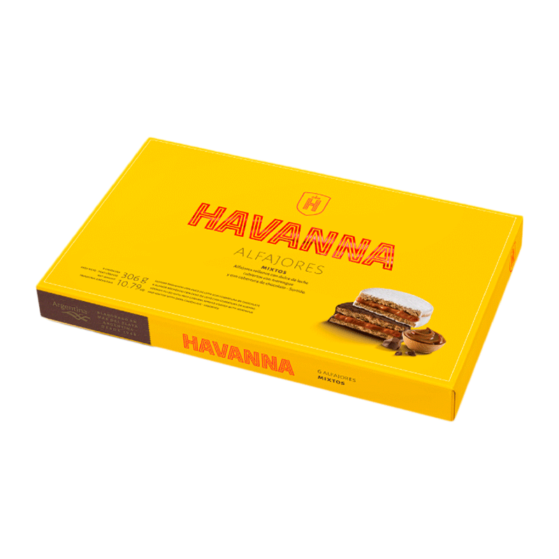 Caja alfajores mixtos (galletas rellenas dulce de leche recubiertas chocolate negro y otras recubiertas merengue italiano) 306g