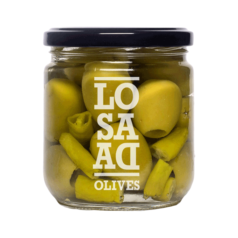 Gordal sin hueso, picante aceituna sevillana en aderezo tradicional con piparra vasca e infusión de guindilla 345g