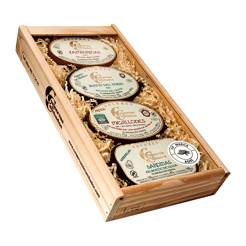 Estuche personalizado de madera zamburiñas, bonito norte, mejillones y sardinilla Rías Gallegas