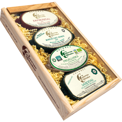 Comprar Estuche madera zamburiñas, bonito norte, mejillones eco y sardinilla Rías Gallegas
