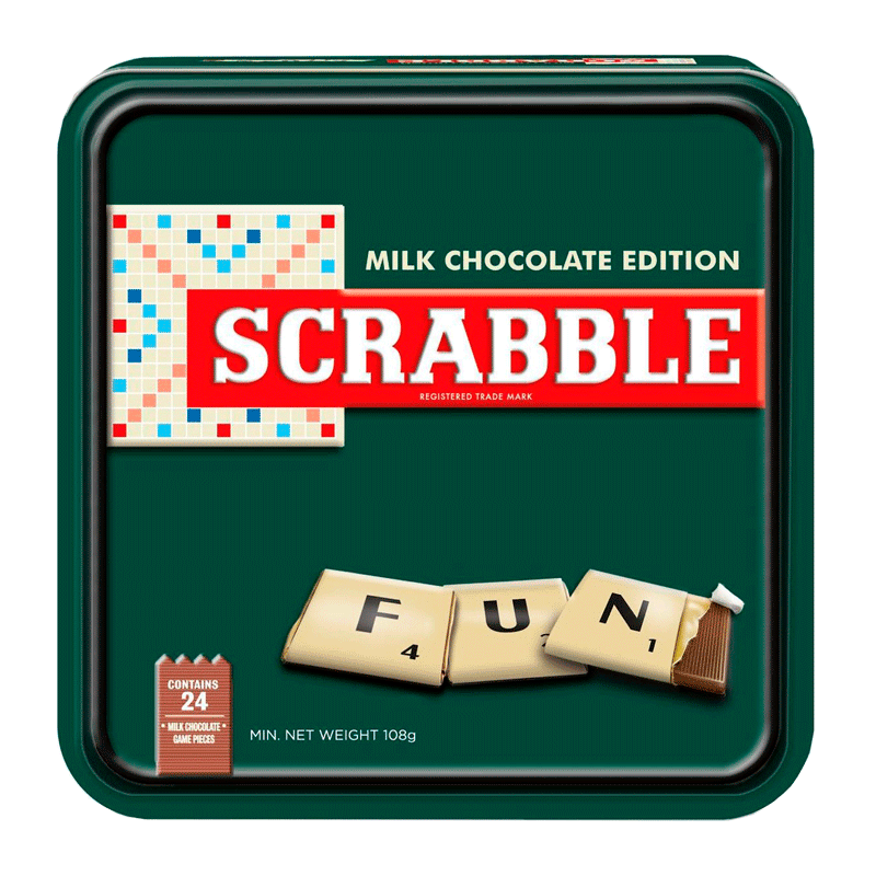 Comprar Lata juego napolitanas chocolate con leche 'Scrabble' 108g a domicilio